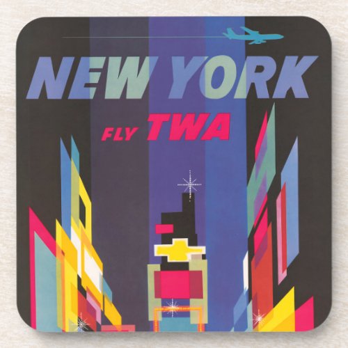 Vintage Travel Poster Fly Twa New York Beverage Coaster
