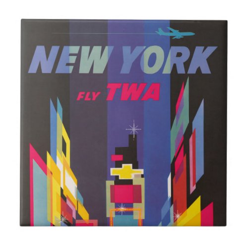 Vintage Travel Poster Fly Twa New York Ceramic Tile