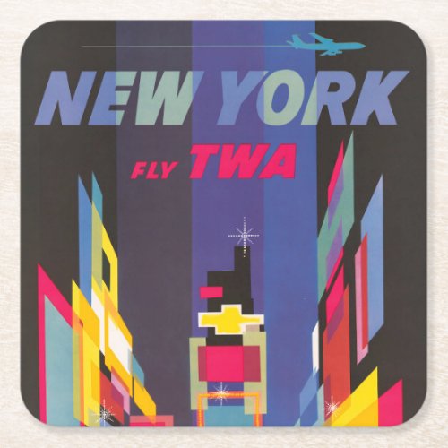 Vintage Travel Poster Fly Twa New York Square Paper Coaster