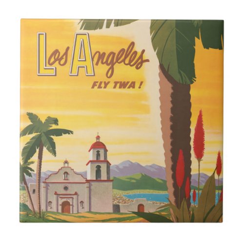 Vintage Travel Poster Fly Twa To Los Angeles Ceramic Tile
