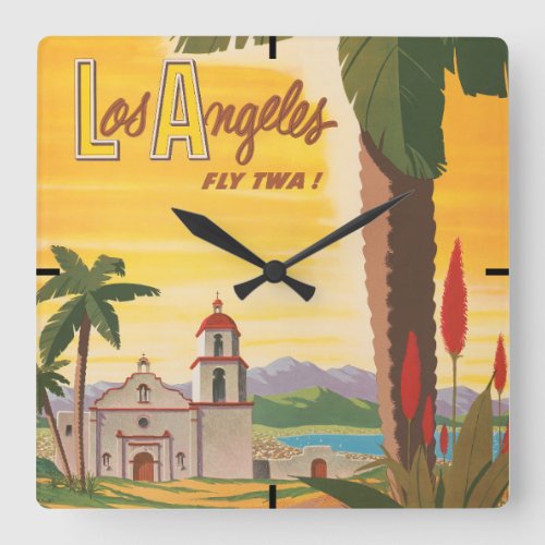 Vintage Travel Poster Fly Twa To Los Angeles Square Wall Clock