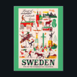 Vintage Travel Poster for Sweden Postcard<br><div class="desc">This postcard is a reproduction of a vintage travel poster for Sweden,  "land of delightful contrasts."</div>