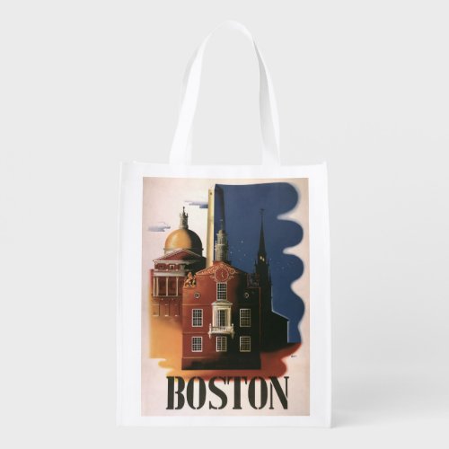 Vintage Travel Poster from Boston Massachusetts Reusable Grocery Bag