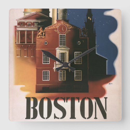 Vintage Travel Poster from Boston Massachusetts Square Wall Clock