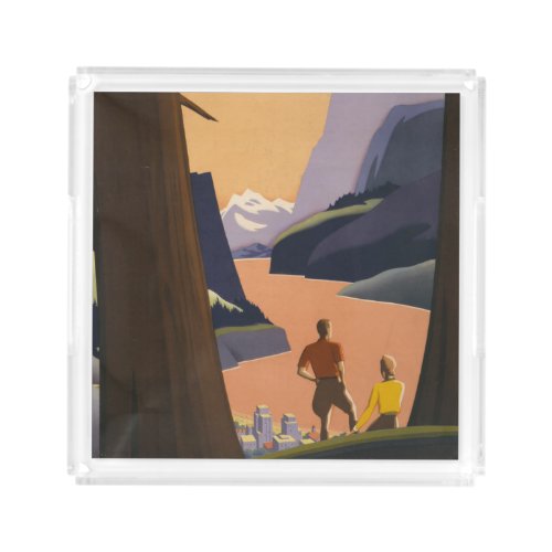 Vintage Travel Poster Looking Out Over Mountains Acrylic Tray