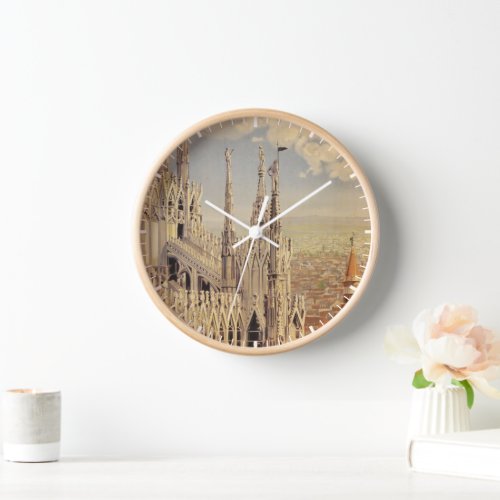 Vintage Travel Poster Of Cathedral In Milan Italy Clock
