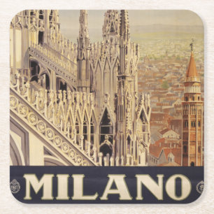 Vintage Travel Poster Of Cathedral In Milan, Italy Square Paper Coaster