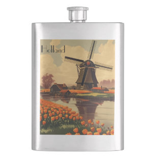 Vintage Travel Poster of Holland, tulips and mills Flask