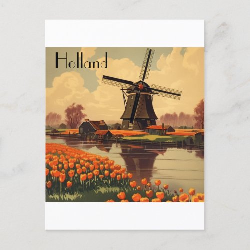 Vintage Travel Poster of Holland tulips and mills Postcard
