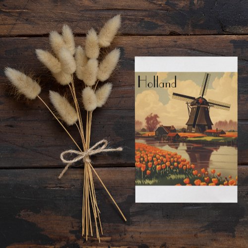 Vintage Travel Poster of Holland tulips and mills Postcard