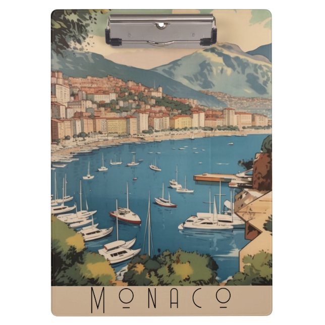 Vintage Travel Poster overlooking Monaco harbor Clipboard (Front)