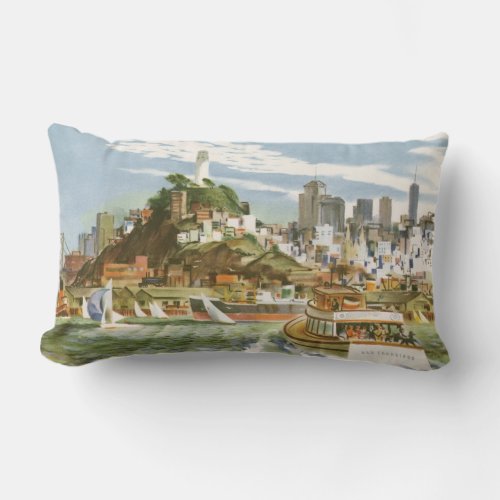 Vintage Travel Poster San Francisco Bay Ferry Boat Lumbar Pillow