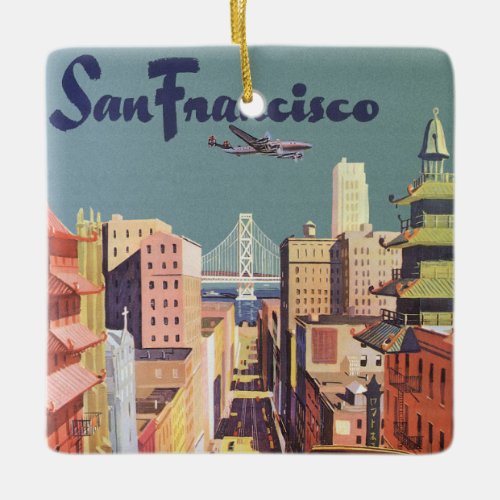 Vintage Travel Poster San Francisco Cable Cars Ceramic Ornament