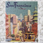 Vintage Travel Poster San Francisco Cable Cars Jigsaw Puzzle<br><div class="desc">Vintage illustration United States of America travel poster featuring San Francisco,  California with a view of the Bay Bridge and cable cars looking down California Street in China Town.</div>
