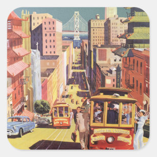 Vintage Travel Poster San Francisco Cable Cars Square Sticker