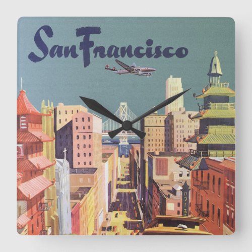 Vintage Travel Poster San Francisco Cable Cars Square Wall Clock