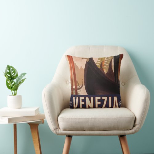 Vintage Travel Poster Showing A Canal In Venice Throw Pillow