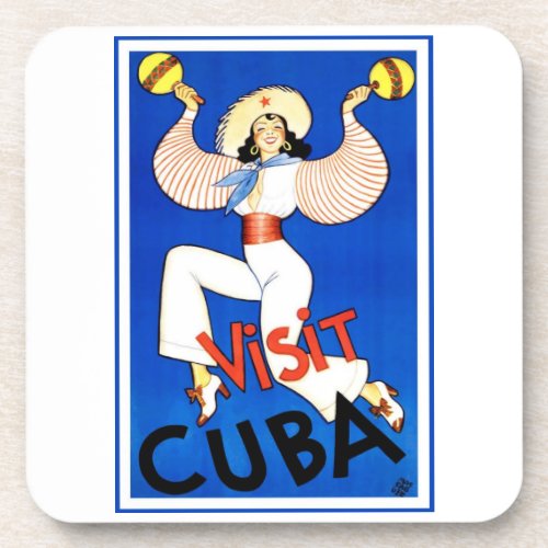 Vintage Travel Poster Visit Havana Cuba Maracas Beverage Coaster