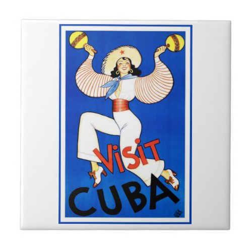 Vintage Travel Poster Visit Havana Cuba Maracas Ceramic Tile