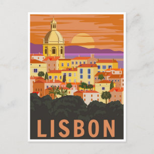vintage travel retro watercolor Lisbon Portugal Postcard