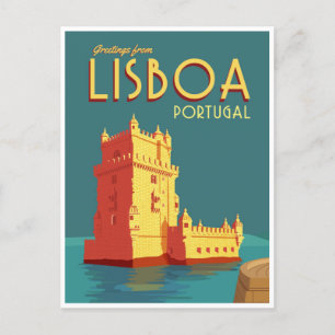 vintage travel retro watercolor Lisbon Portugal Postcard