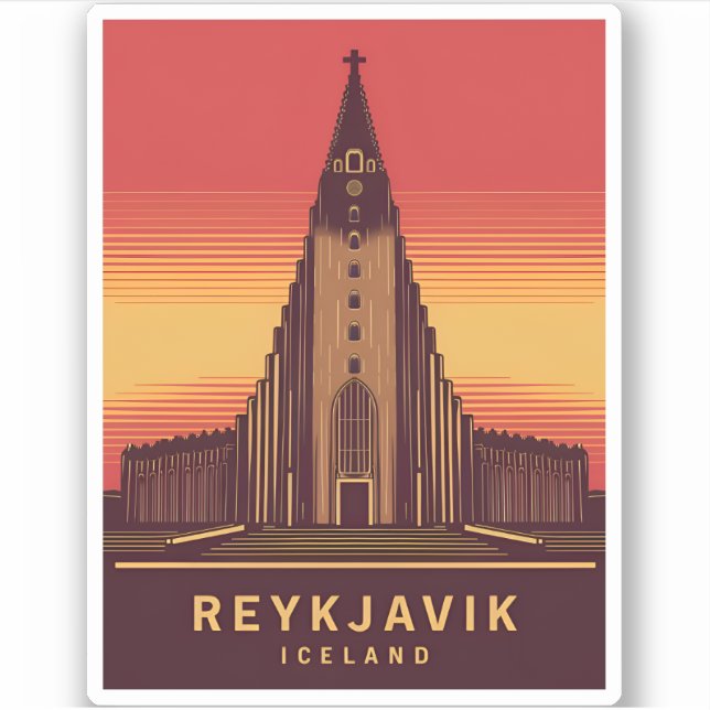 Vintage Travel Reykjavik Iceland Hallgrimskirkja Sticker (Front)