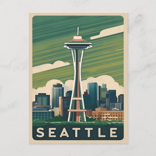 Vintage Travel Seattle Space Needle Retro Graphic Postcard