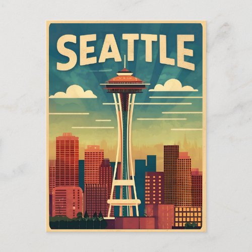 Vintage Travel Seattle Space Needle Retro Graphic Postcard