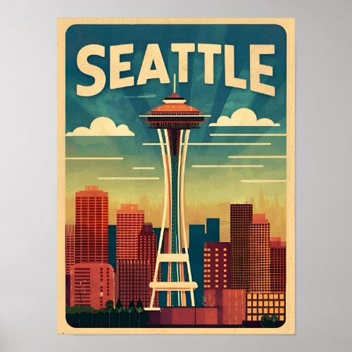 Vintage Travel Seattle Space Needle Retro Graphic Poster