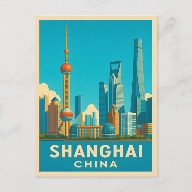 Vintage Travel Shanghai China Retro Scenic Skyline Postcard (Front)