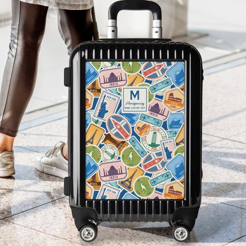 Vintage Travel Stamps Personalized Monogram Name Luggage