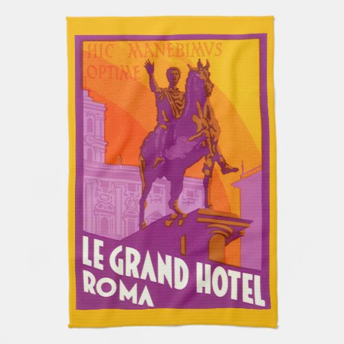 Vintage Travel Statue Le Grand Hotel Roma Italy Kitchen Towel