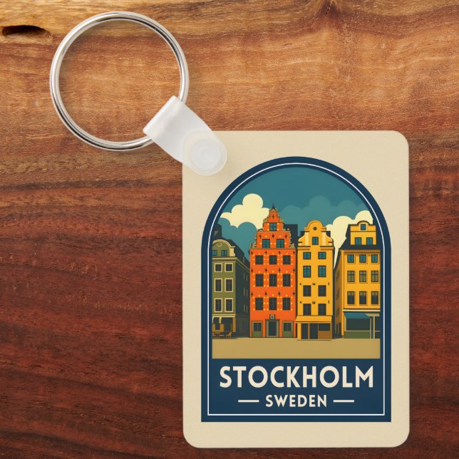 Vintage Travel Stockholm Sweden Old Town Retro Keychain (Front)
