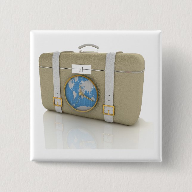 Vintage Travel Suitcase Clock World Map Button (Front)