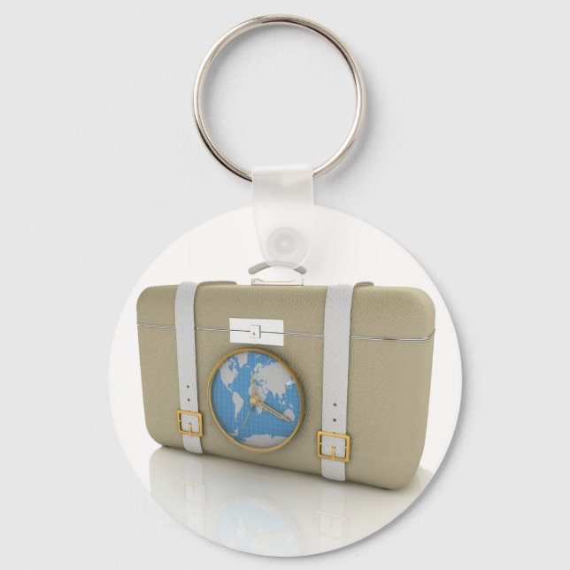 Vintage Travel Suitcase Clock World Map Keychain (Front)