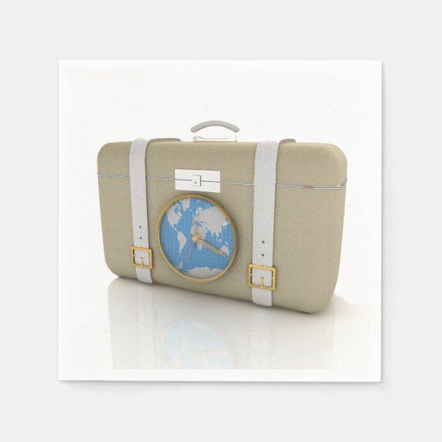 Vintage Travel Suitcase Clock World Map Napkins (Front)