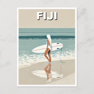 Vintage Travel Surfing in Fiji Surfer Girl Postcard