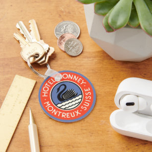 Vintage Travel, Swan Bird Hotel Monney Switzerland Keychain