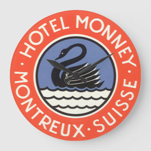 Vintage Travel, Swan Bird Hotel Monney Switzerland Large Clock