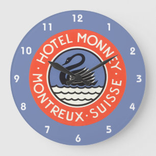 Vintage Travel, Swan Bird Hotel Monney Switzerland Large Clock