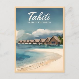 Vintage Travel Tahiti Water Bungalows Retro Scenic