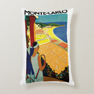 Vintage Travel, Tennis, Sports, Monte Carlo Monaco Accent Pillow