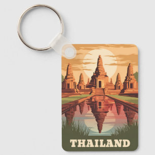 Vintage Travel Thailand Buddhist Temple Sunset Keychain