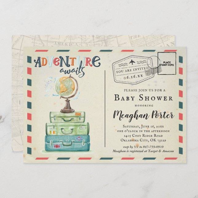 Vintage Travel Themed Baby Shower Invitation (Front/Back)