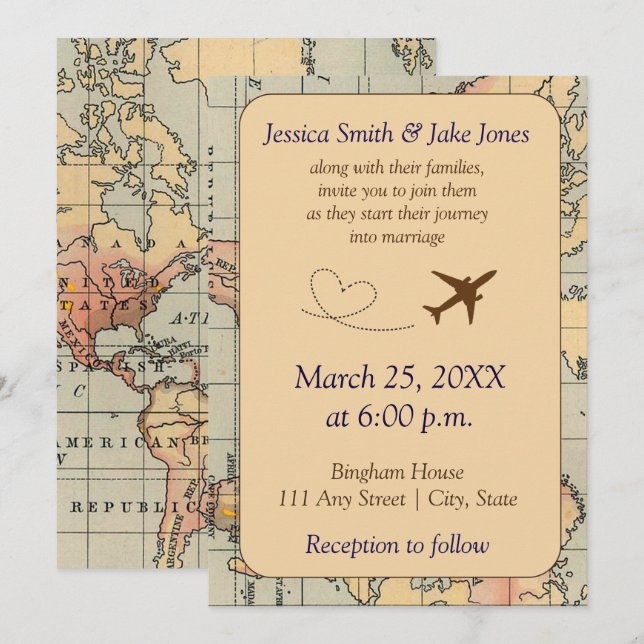 Vintage, Travel Themed Wedding Invite (Front/Back)