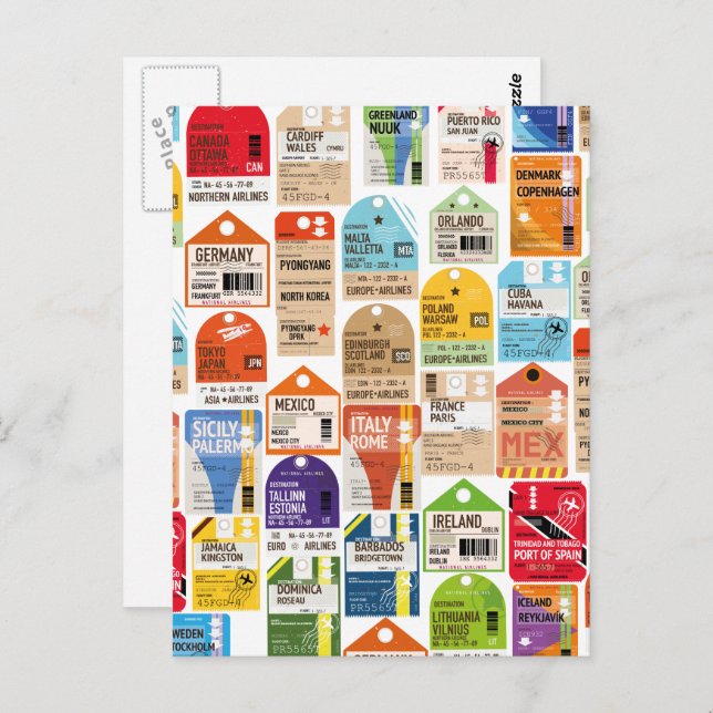 Vintage travel tickets pattern. postcard (Front/Back)