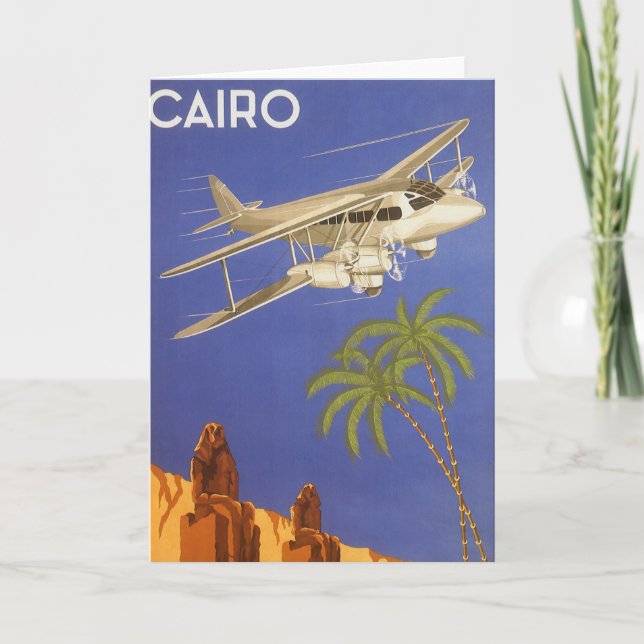 Vintage Travel to Cairo, Eygpt, Biplane Airplane Card (Front)