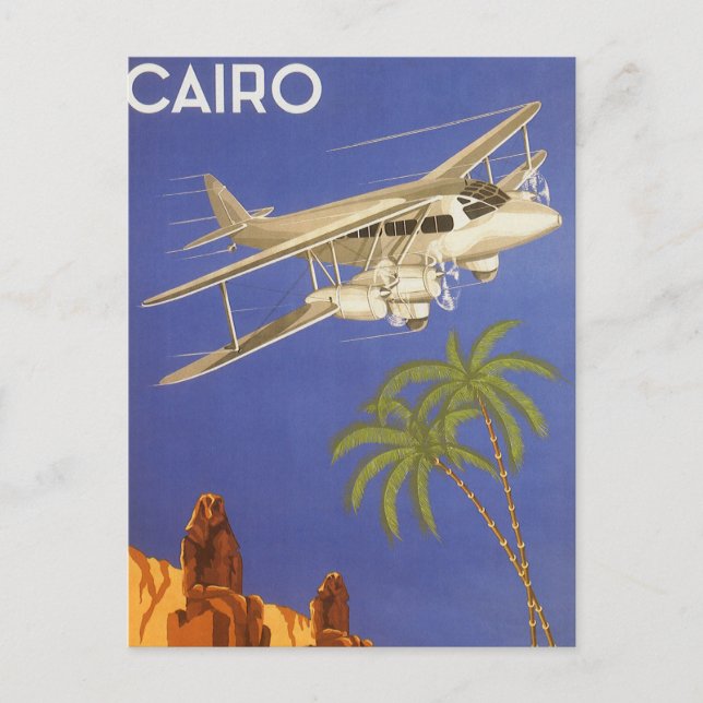 Vintage Travel to Cairo, Eygpt, Biplane Airplane Postcard (Front)