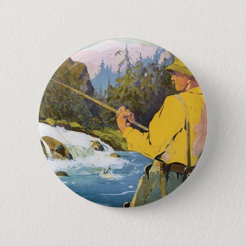 Vintage Travel to Sweden Fisherman Sports Fishing Button
