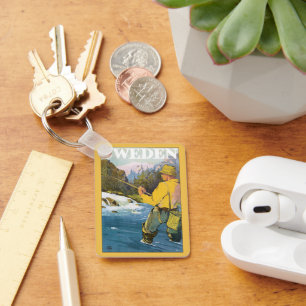 Vintage Travel to Sweden, Fisherman Sports Fishing Keychain